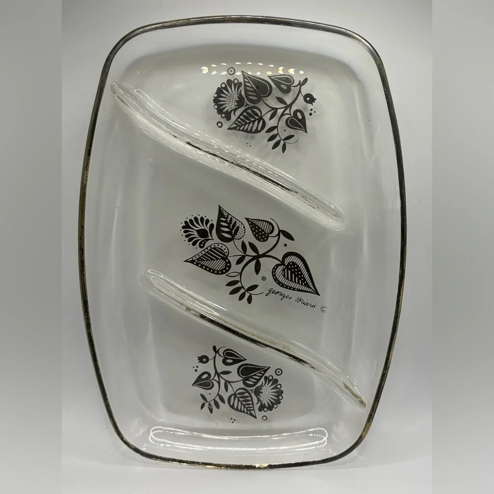 Georges Briard MCM Vintage Divided Silver Botanical Floral Glass Serving Tray